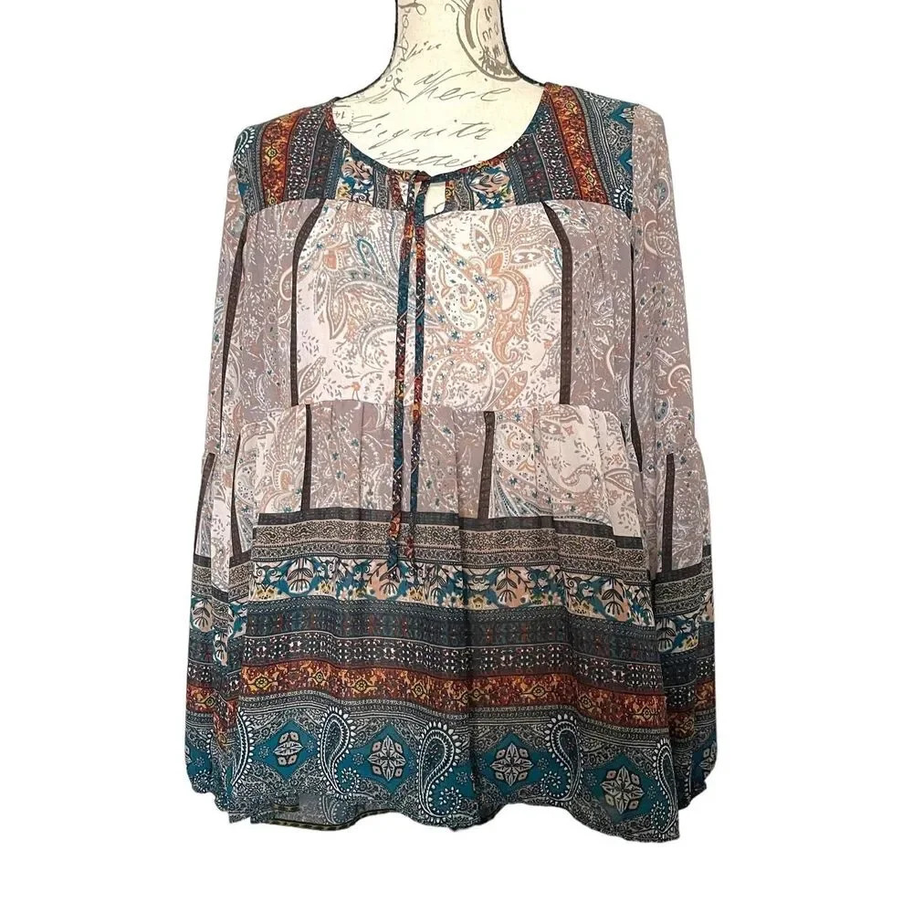 Knox Rose Paisley Mixed Media Boho‎ Long Sleeve Top Size XS